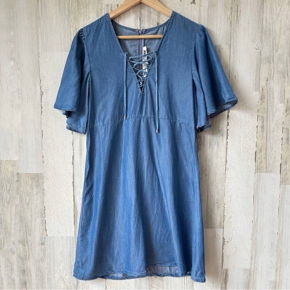 Lovers + Friends Denim Washed Ashore Flutter Sleeve Lace Up Dress Size S - Picture 3 of 13